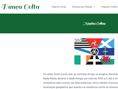 Dança Celta: the green script logo and the Nações Celtas page with the flags of the Celtic nations