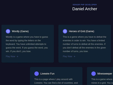 The 2024 version of this homepage: a dark grid of small browser games