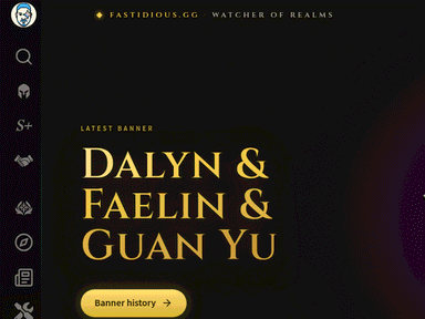 Fastidious.gg: the latest banner, 'Dalyn & Faelin & Guan Yu', in gold on a dark page