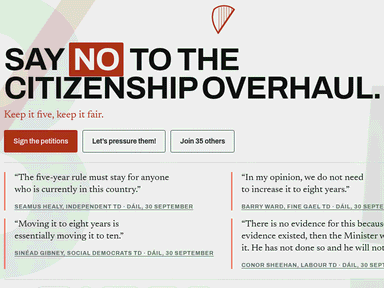 #keepitfive: the headline 'Say no to the citizenship overhaul' above quotes from TDs