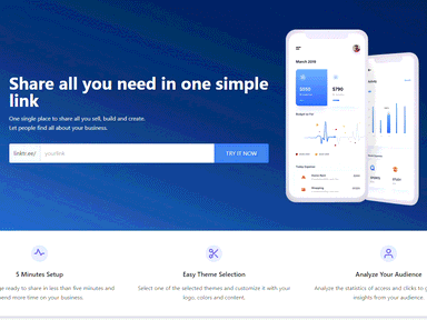 LinkShark: the headline 'Share all you need in one simple link' next to a phone mock-up, from a 2022 screen recording