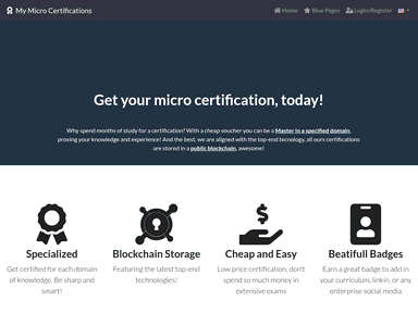 MyMicroCerts: the 2019 homepage, 'Get your micro certification, today!', with its four feature icons