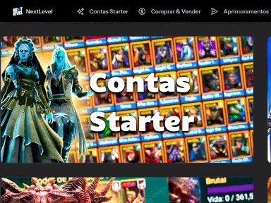 NextLevel Raid: the menu and the 'Contas Starter' banner with two Raid champions