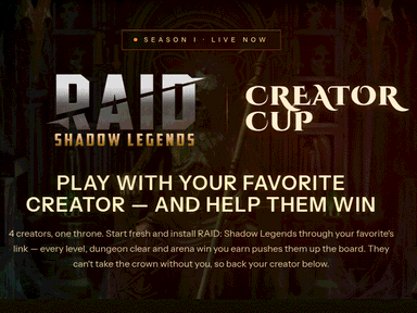 Raid Creator Cup: the Raid: Shadow Legends and Creator Cup logos above 'Play with your favorite creator'