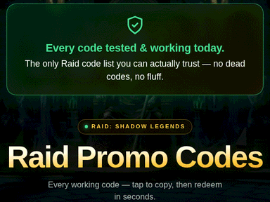 Raid Promo Codes: the gold title on a dark game background, under a box that says every code is tested