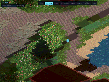 Time Fracture 2: an isometric world of grass, stone paths and a lake, with the time-of-day buttons along the top